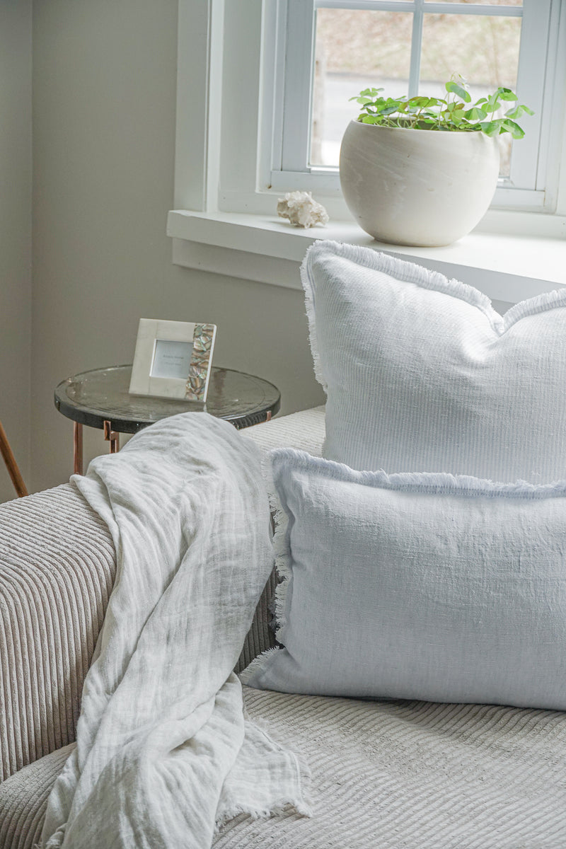 Blue Grey Frayed Ruffled Linen Down Filled Throw Pillow